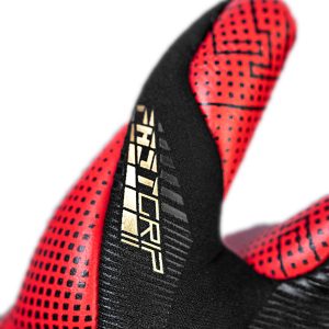 NAME: Fastgrip Gold X GluePrint // PALM: Reusch Grip Gold X // CUT: Hybrid Negative Cut // FEATURES: Extended Grip Zone, GluePrint, Ventilation channels, Preshaped Construction, 3D Thumb Crotch, Double Thumb Wrap, Side Wrap, AdaptiveFlex Closure System // COLOUR: 7075 black / gold / fiery red
