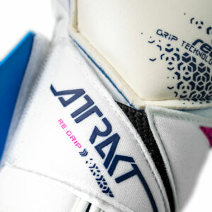 NAME: Attrakt RE:GRIP Evolution // PALM: RE:GRIP Latex // CUT: Evolution Cut // FEATURES: Extended Grip Zone, RE:GRIP Technology, AirVentSystem, Preshaped Construction, 3D Thumb Crotch, Thumb Wrap, Side Wrap, AdaptiveFlex Closure System // COLOUR: 4310 blue / pink / white