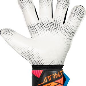 NAME: Attrakt Advance Evolution Glueprint // PALM: Reusch Grip Advance // CUT: Evolution Cut // FEATURES: Glueprint, AirVentSystem, Preshaped Construction, 3D Thumb Crotch, Thumb Wrap // Colours: 7090 black / aqua blue / shocking orange
