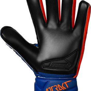 NAME: Attrakt Infinity Finger Support Junior // PALM: Reusch Grip Infinity // CUT: Expanse Cut // FEATURES: Finger Support, DuraGuard, Thumbflex // Colours: 4127 sharp blue / shocking orange / black