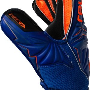 NAME: Attrakt Infinity Finger Support Junior // PALM: Reusch Grip Infinity // CUT: Expanse Cut // FEATURES: Finger Support, DuraGuard, Thumbflex // Colours: 4127 sharp blue / shocking orange / black
