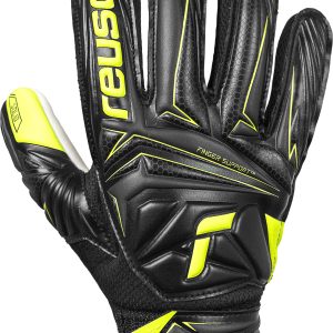 NAME: Attrakt Starter Solid Finger Support Junior // PALM: Reusch Solid // CUT: Negative Cut // FEATURES: Finger Support // Colours: 7752 black / safety yellow
