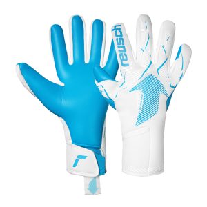 NAME: Fastgrip Aqua // PALM: Reusch Grip Aqua // CUT: Hybrid Negative Cut // FEATURES: Extended Grip Zone, AirVentSystem, Preshaped Construction, 3D Thumb Crotch, Double Thumb Wrap, Side Wrap, AdaptiveFlex Closure System // Colours: 1111 white / aqua blue
