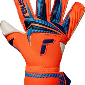 NAME: Attrakt Gold X Evolution // PALM: Reusch Grip Gold X // CUT: Evolution Cut // FEATURES: AirVentSystem, Preshaped Construction, 3D Thumb Crotch, Thumb Wrap, Side Wrap // Colours: 2290 shocking orange / blue
