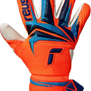 Name: Attrakt Gold X NC | Palm: Reusch Grip Gold X | Cut: Negative Cut | Wrist Closure: Elastic Cuff with Pull Loop ; Full Strap with Rubber Ender  | Backhand Base: Textile | Backhand Application: Latex | Features: AirVentSystem, Preshaped Construction, 3D Thumb Crotch, Double Thumb Wrap, Side Wrap