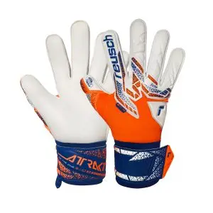 NAME: Attrakt Silver // PALM: Reusch Grip Silver // CUT: Expanse Cut // FEATURES: AirVentSystem, Preshaped Construction, Thumbflex, 3D Thumb Crotch // COLOUR: 2500 shocking orange / energize blue