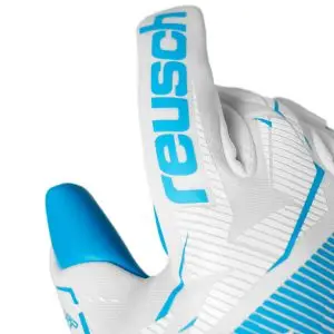 NAME: Fastgrip Aqua // PALM: Reusch Grip Aqua // CUT: Hybrid Negative Cut // FEATURES: Extended Grip Zone, AirVentSystem, Preshaped Construction, 3D Thumb Crotch, Double Thumb Wrap, Side Wrap, AdaptiveFlex Closure System // COLOUR: 1111 white / aqua blue