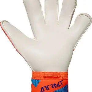 NAME: Attrakt Gold X Evolution // PALM: Reusch Grip Gold X // CUT: Evolution Cut // FEATURES: AirVentSystem, Preshaped Construction, 3D Thumb Crotch, Thumb Wrap, Side Wrap // Colours: 2290 shocking orange / blue