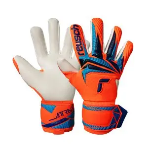 Name: Attrakt Gold X NC | Palm: Reusch Grip Gold X | Cut: Negative Cut | Wrist Closure: Elastic Cuff with Pull Loop ; Full Strap with Rubber Ender  | Backhand Base: Textile | Backhand Application: Latex | Features: AirVentSystem, Preshaped Construction, 3D Thumb Crotch, Double Thumb Wrap, Side Wrap